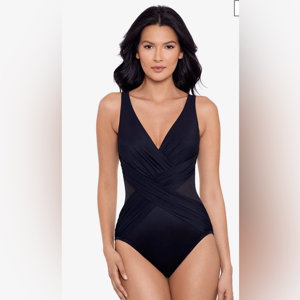 Miraclesuit Crossover With Mesh One Piece Swimsuit Black NWT Size 8
